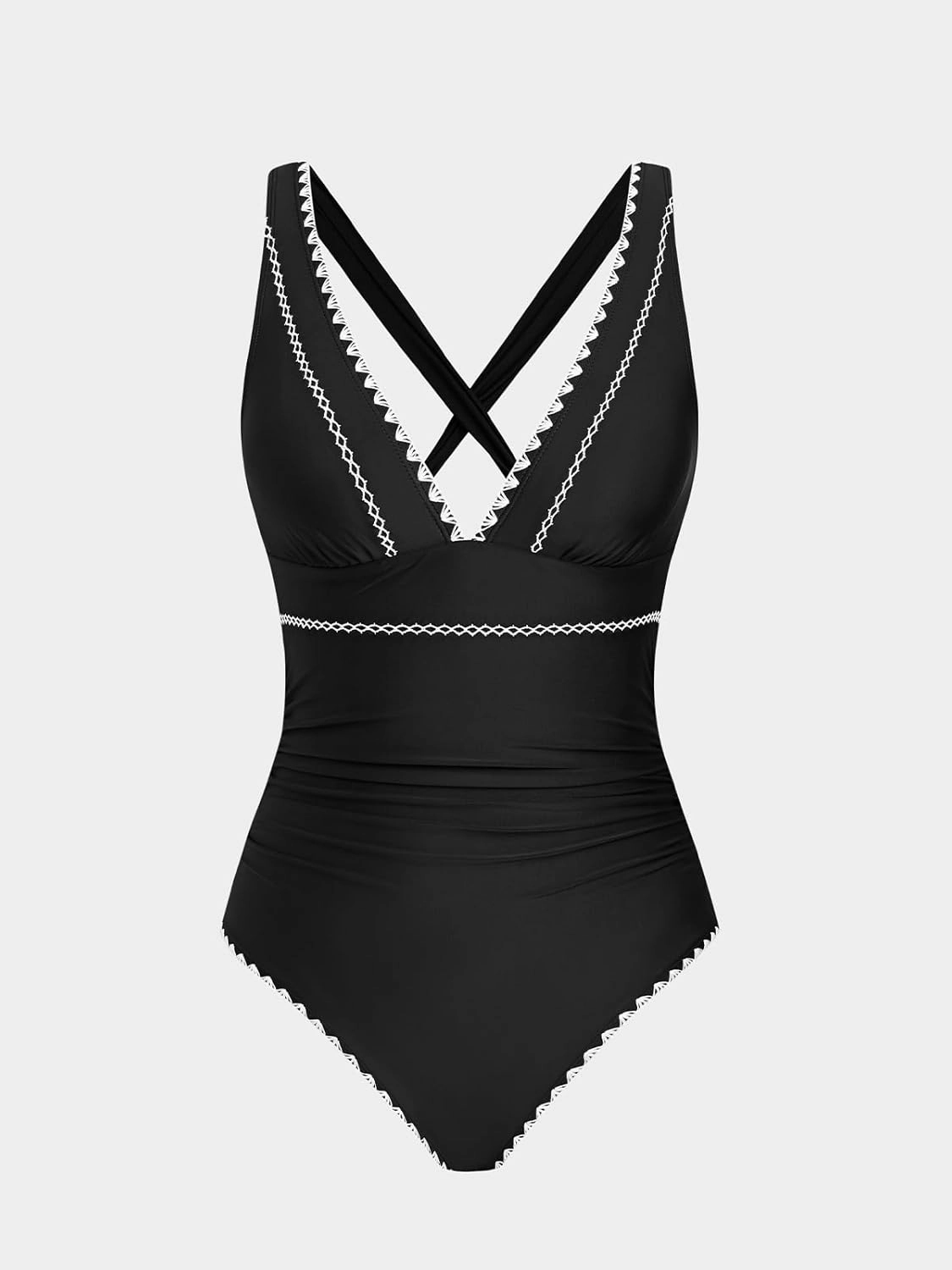 CUPSHE Women's One Piece Swimsuit V Neck Shell Stitched Bathing Suit Adjustable Crisscross Strappy Ruched Swimwear