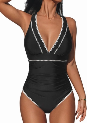 CUPSHE Women's One Piece Swimsuit V Neck Shell Stitched Bathing Suit Adjustable Crisscross Strappy Ruched Swimwear