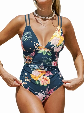 CUPSHE Women's One Piece Swimsuit V Neck Tummy Control Double Adjustable Straps Back Cutout O-Ring