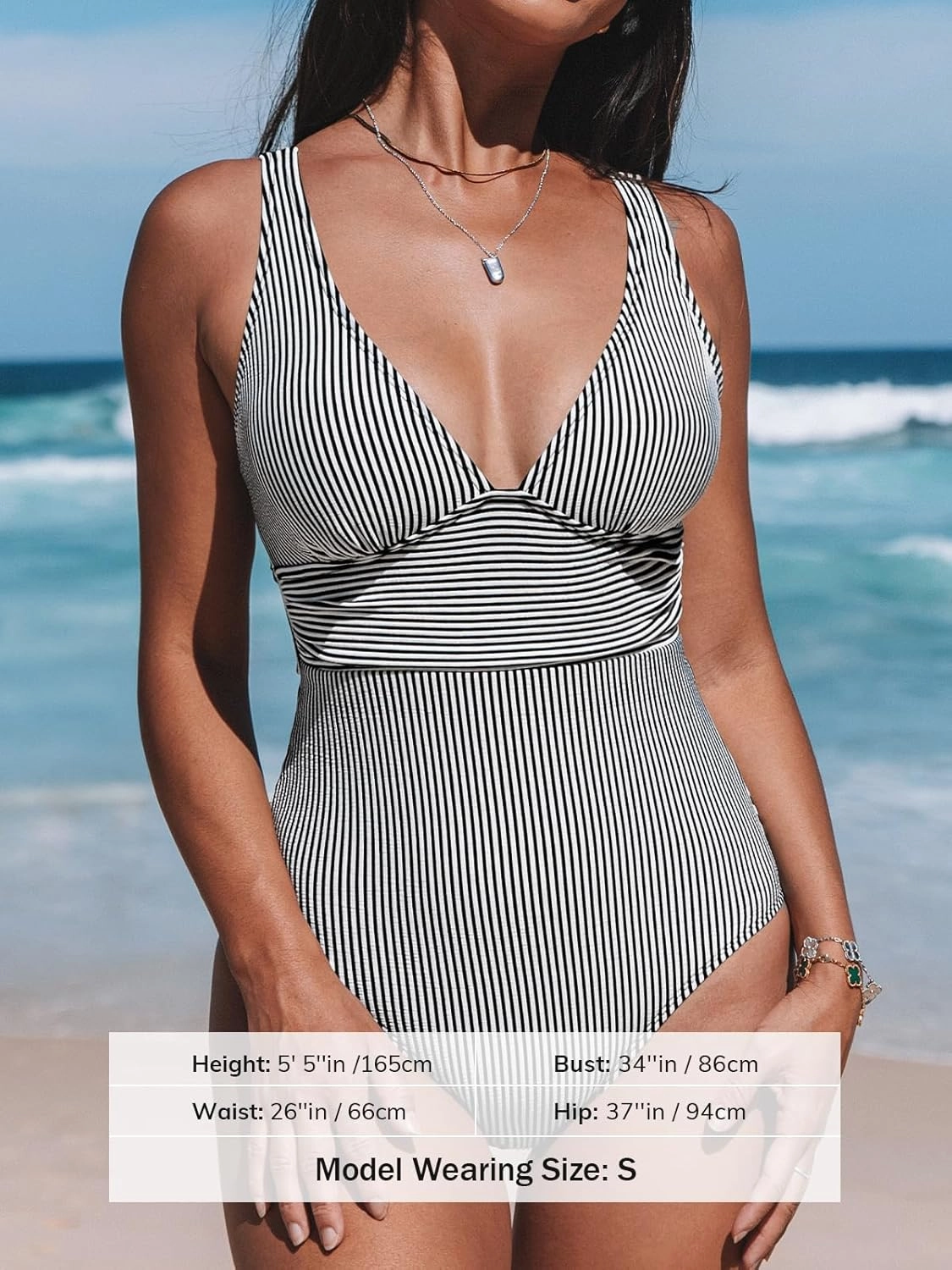 CUPSHE Women's One Piece Swimsuit Wide Straps V Neck Ruched Textured Ribbed Twist Back