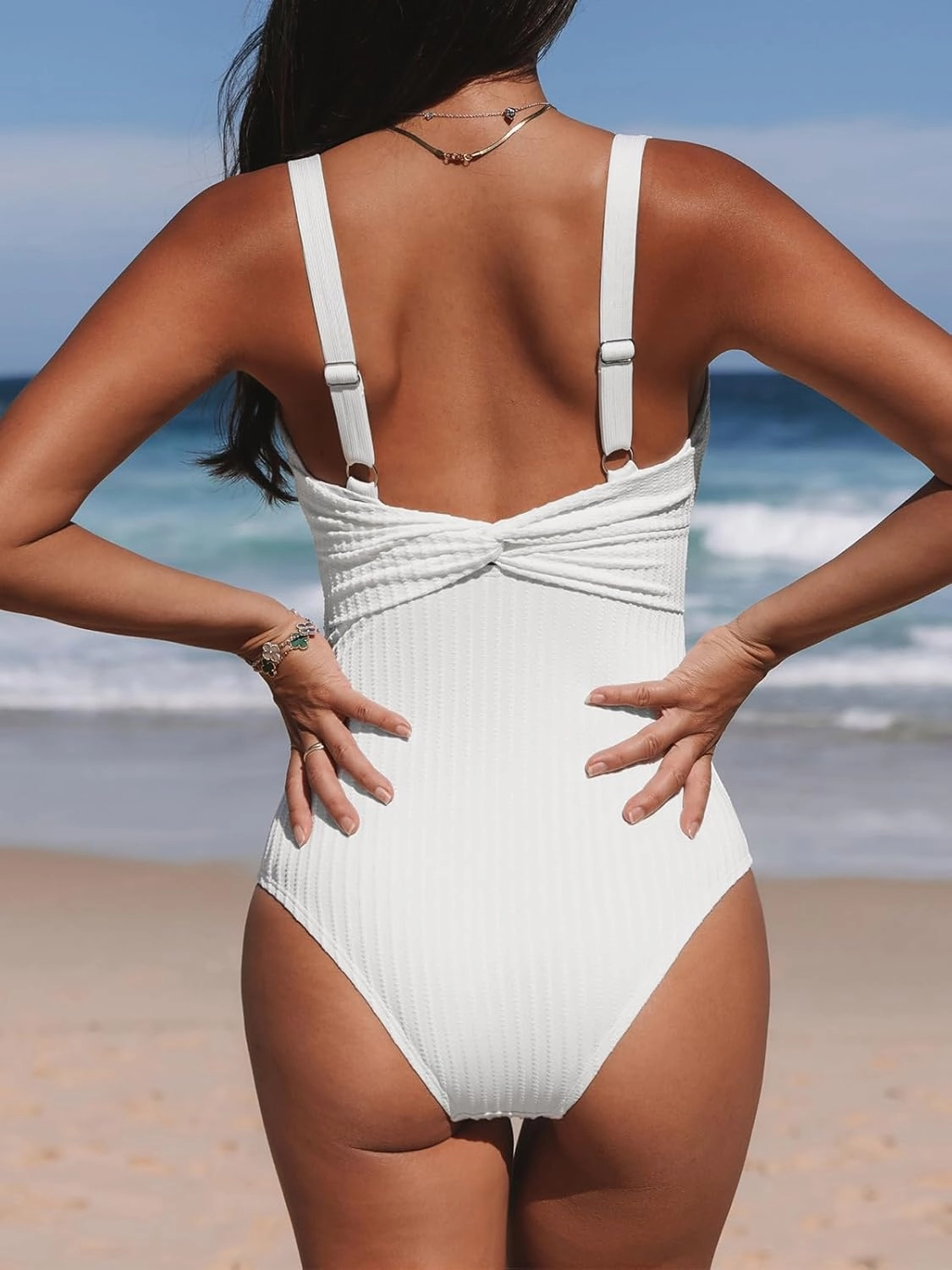 CUPSHE Women's One Piece Swimsuit Wide Straps V Neck Ruched Textured Ribbed Twist Back