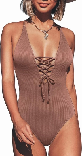 CUPSHE Women's Solid Color V Neck Lace Up One Piece Swimsuit