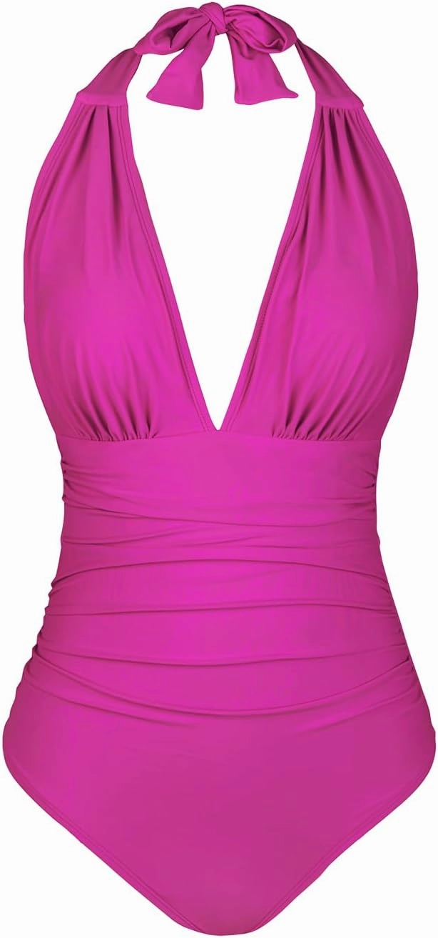CUPSHE Women V Neck One Piece Swimsuit Halter Backless Ruched Tummy Control Bathing Suit
