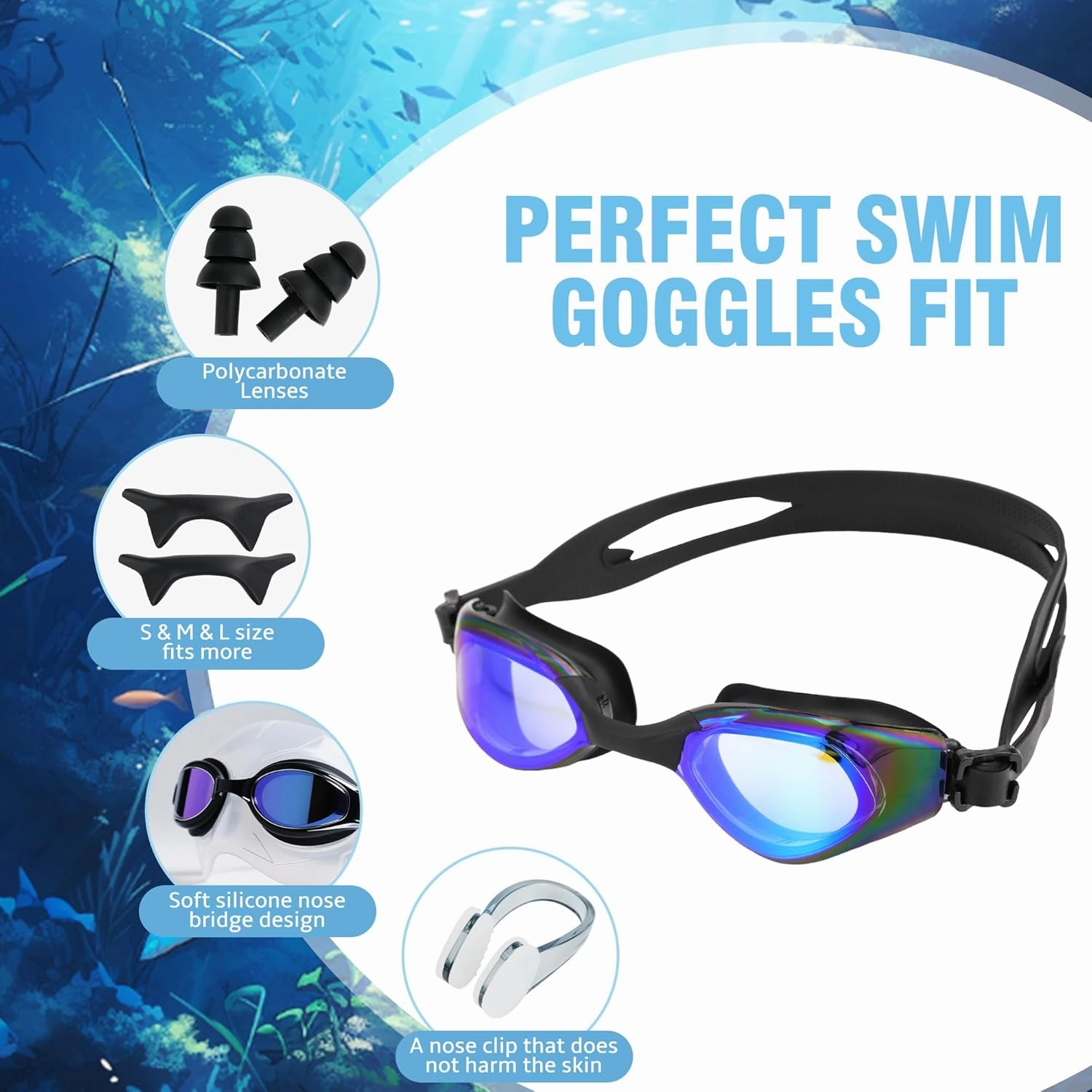 Cyfie Swim Goggles Unisex, Anti Fog No Leaking with Nose Clip, Earplugs, Swim Cap and Case, Suitable for Men&Women