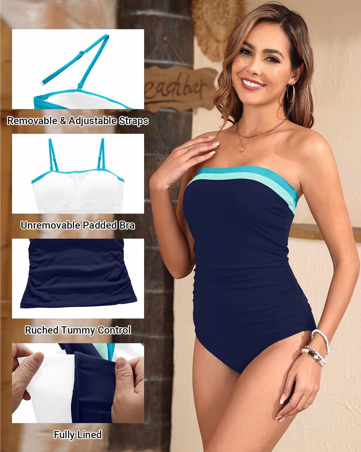 Daci Bandeau Tankini Swimsuits for Women - Two Piece Ruched Tummy Control Bathing Suit Strapless Swimwear with Bottom