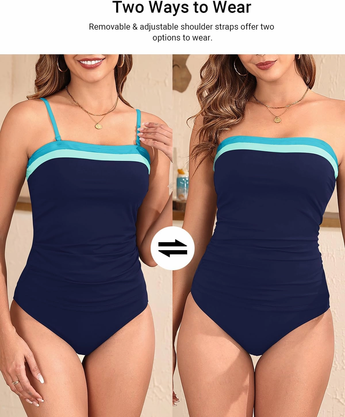 Daci Bandeau Tankini Swimsuits for Women - Two Piece Ruched Tummy Control Bathing Suit Strapless Swimwear with Bottom