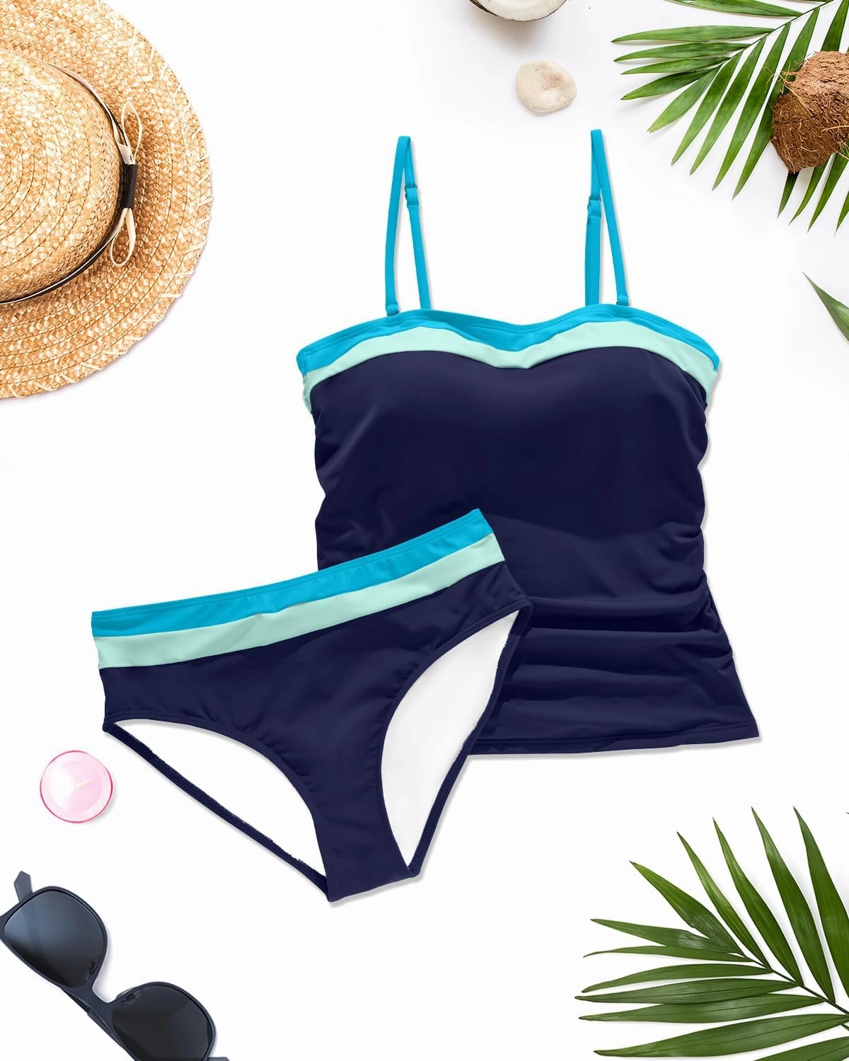 Daci Bandeau Tankini Swimsuits for Women - Two Piece Ruched Tummy Control Bathing Suit Strapless Swimwear with Bottom