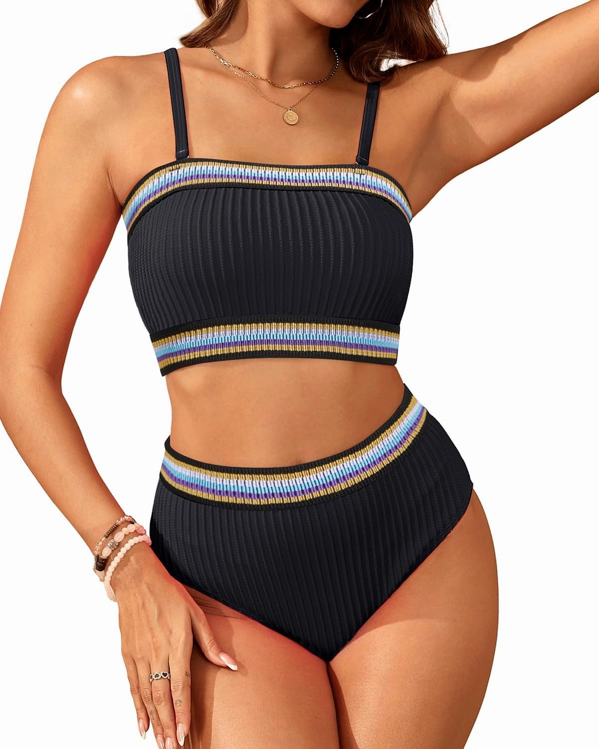 Daci High Waisted Bandeau Bikini Set - Women Strapless Two Piece Swimsuits Ribbed Full Coverage Bathing Suits Swimwear