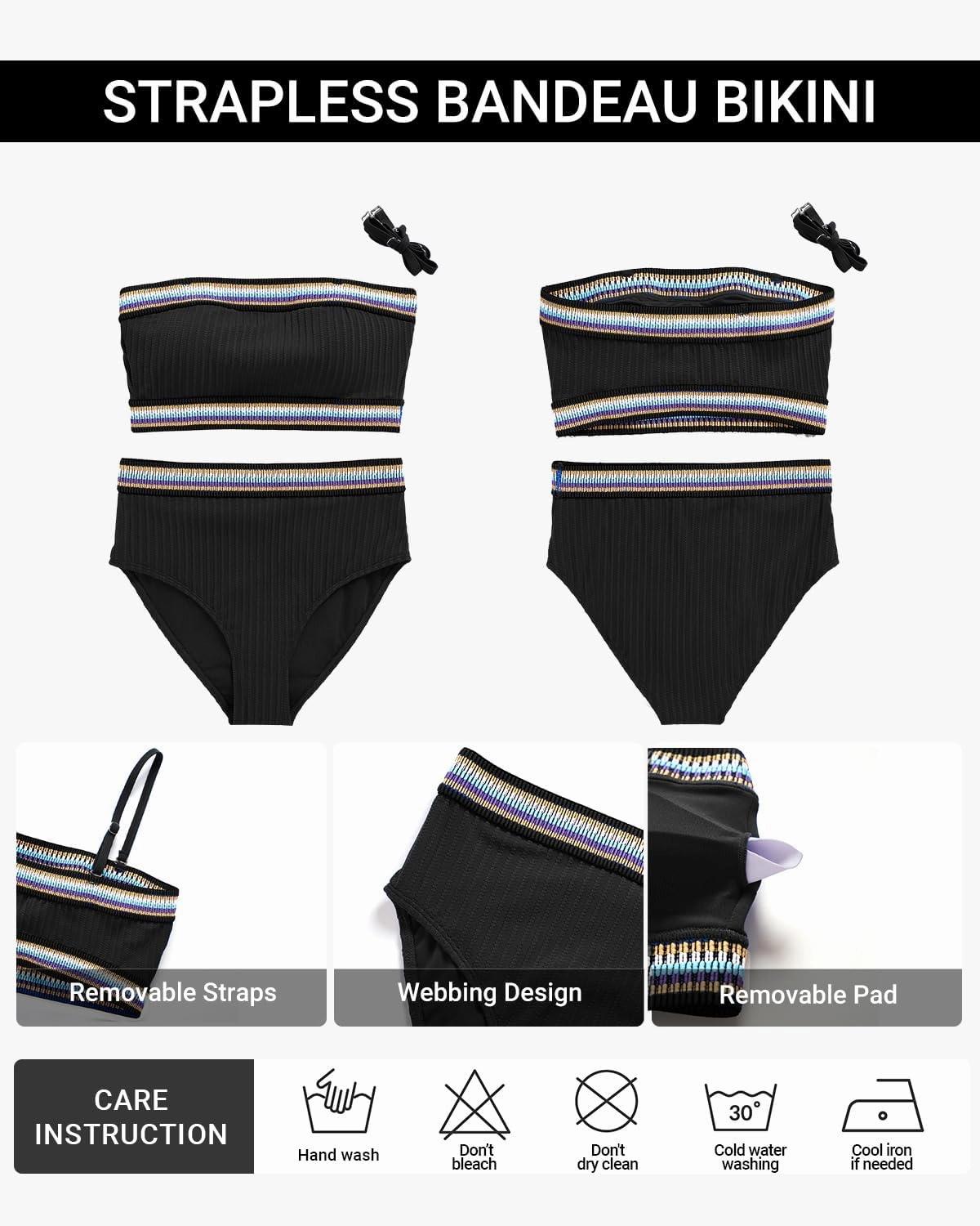 Daci High Waisted Bandeau Bikini Set - Women Strapless Two Piece Swimsuits Ribbed Full Coverage Bathing Suits Swimwear
