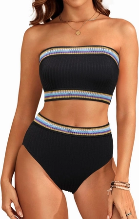 Daci High Waisted Bandeau Bikini Set - Women Strapless Two Piece Swimsuits Ribbed Full Coverage Bathing Suits Swimwear