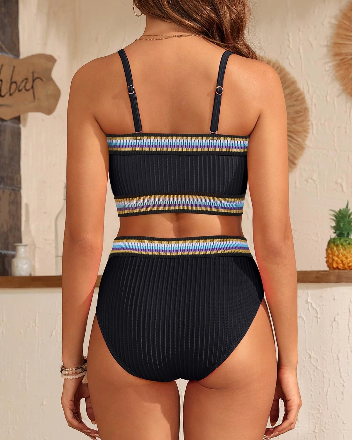 Daci High Waisted Bandeau Bikini Set - Women Strapless Two Piece Swimsuits Ribbed Full Coverage Bathing Suits Swimwear