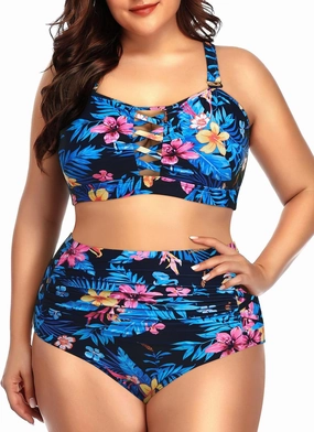 Daci Women Plus Size Two Piece Swimsuit - High Waisted Bikini Tummy Control Bathing Suit Bandeau Swimwear