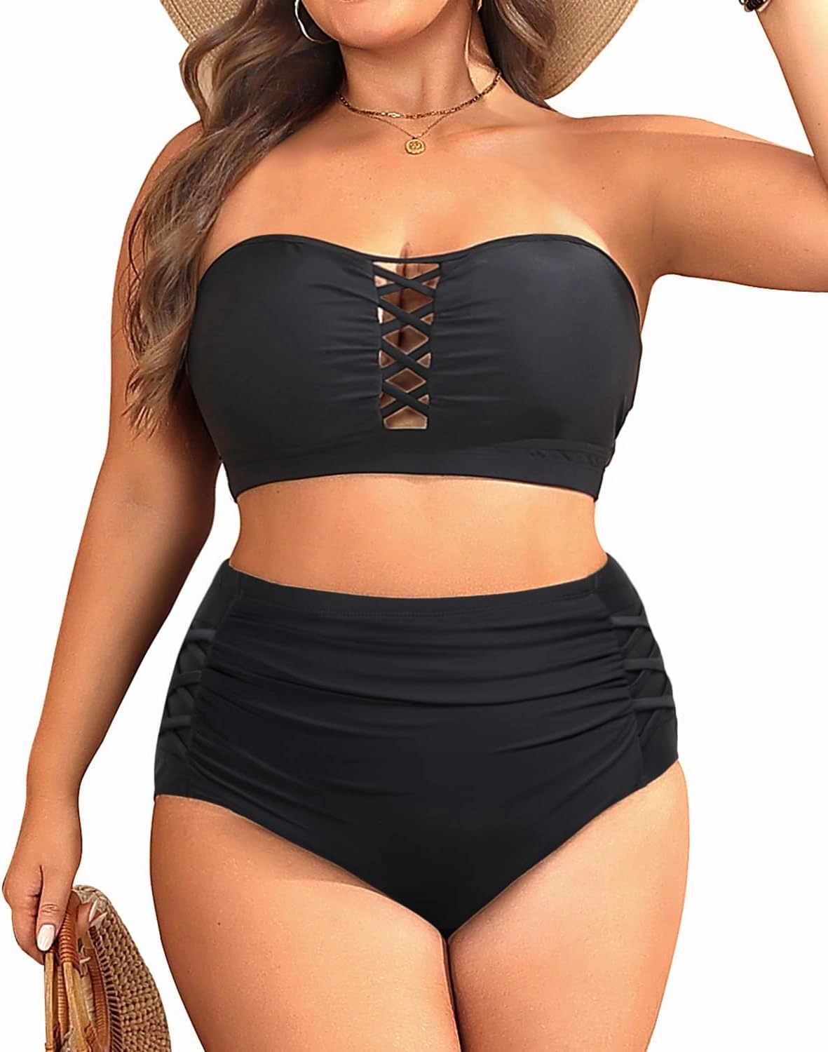 Daci Women Plus Size Two Piece Swimsuit - High Waisted Bikini Tummy Control Bathing Suit Bandeau Swimwear