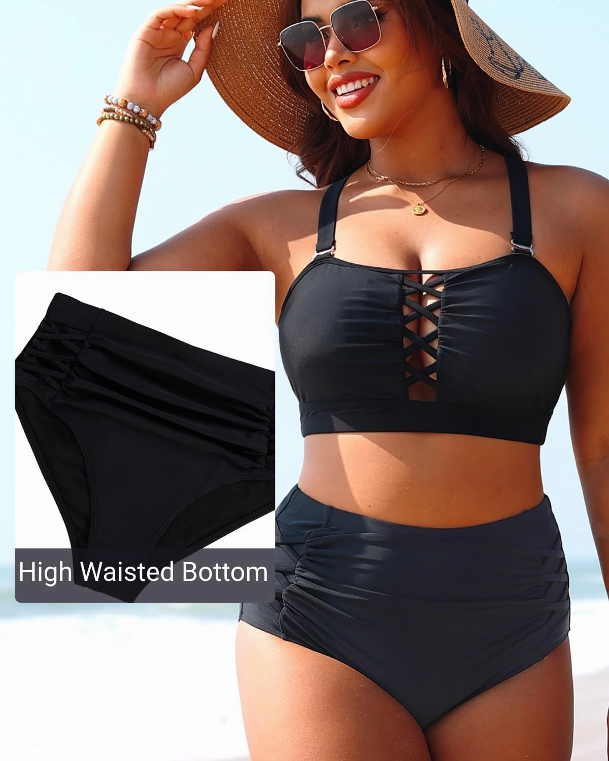 Daci Women Plus Size Two Piece Swimsuit - High Waisted Bikini Tummy Control Bathing Suit Bandeau Swimwear