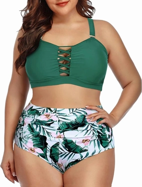 Daci Women Plus Size Two Piece Swimsuit - High Waisted Bikini Tummy Control Bathing Suit Bandeau Swimwear