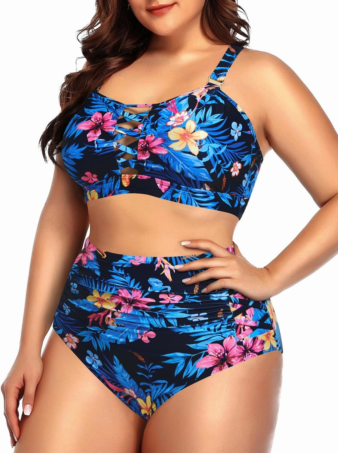 Daci Women Plus Size Two Piece Swimsuit - High Waisted Bikini Tummy Control Bathing Suit Bandeau Swimwear