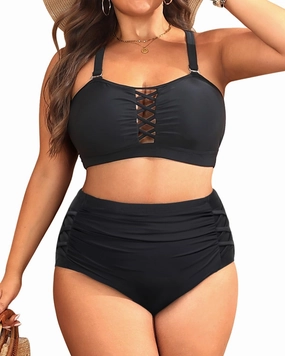 Daci Women Plus Size Two Piece Swimsuit - High Waisted Bikini Tummy Control Bathing Suit Bandeau Swimwear