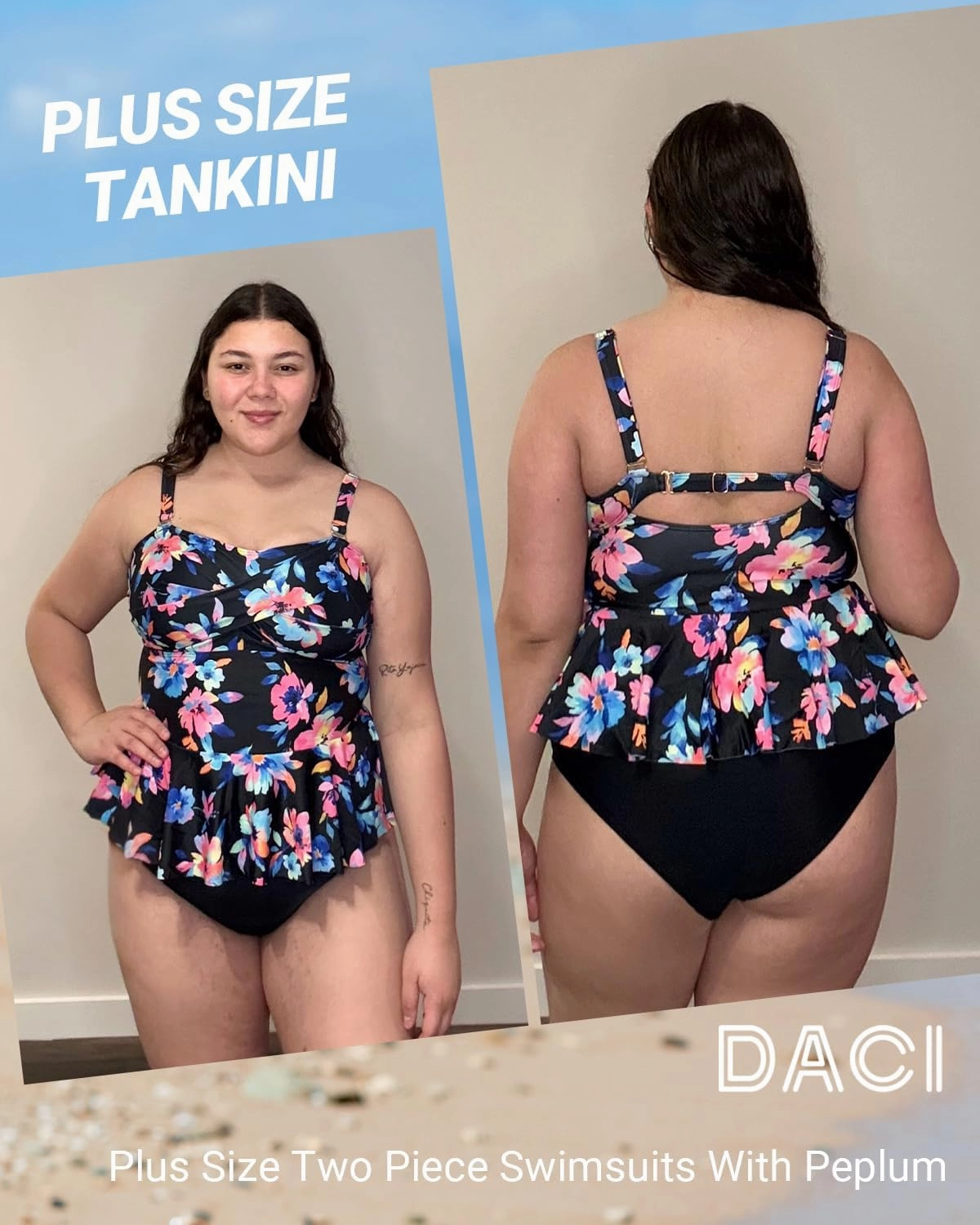 Daci Women Two Piece Plus Size Swimsuit with Bottom Peplum Tankini High Waisted Tummy Control Bathing Suit