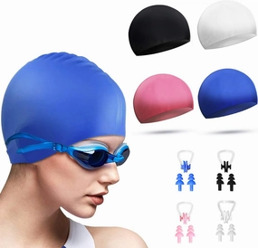 DECYOOL 4 Sets Silicone Swim Cap,Waterproof Swimming Cap with Silicone Nose Clip & Earplugs Cover Ears