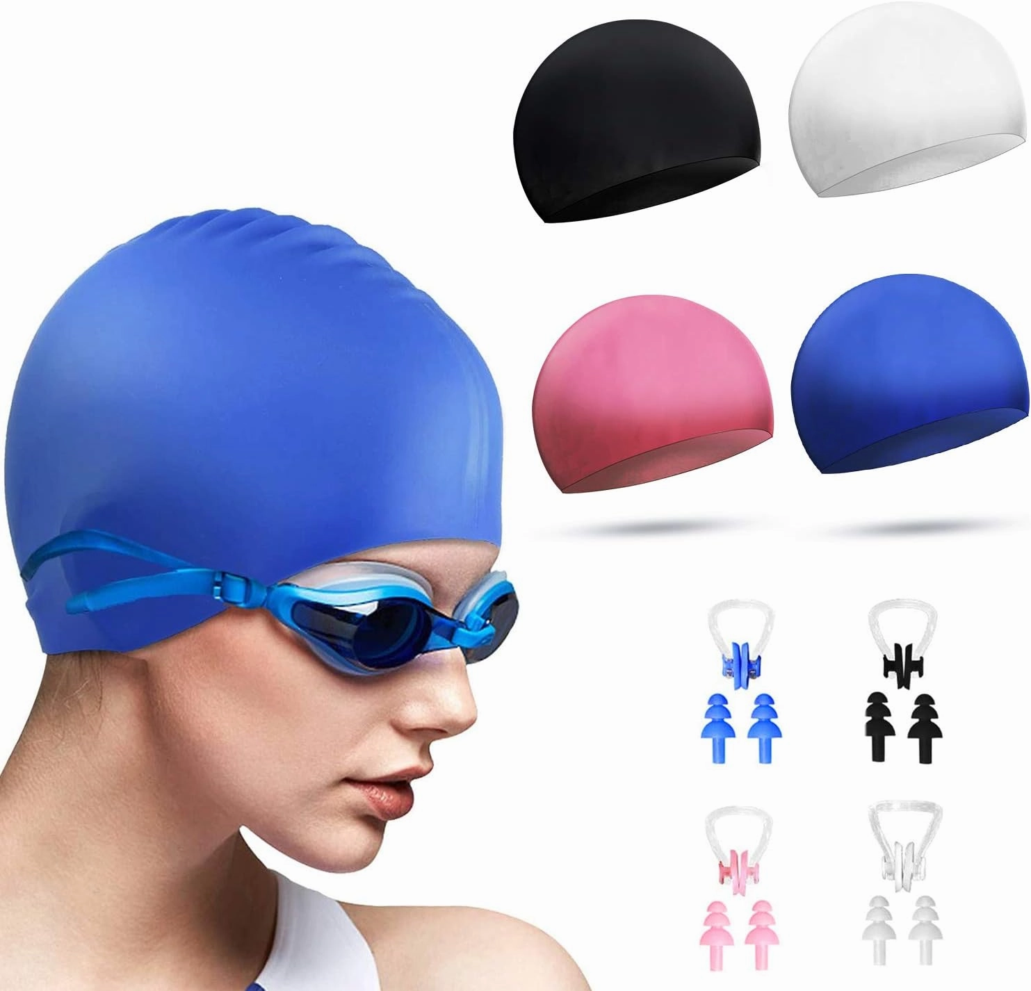 DECYOOL 4 Sets Silicone Swim Cap,Waterproof Swimming Cap with Silicone Nose Clip & Earplugs Cover Ears