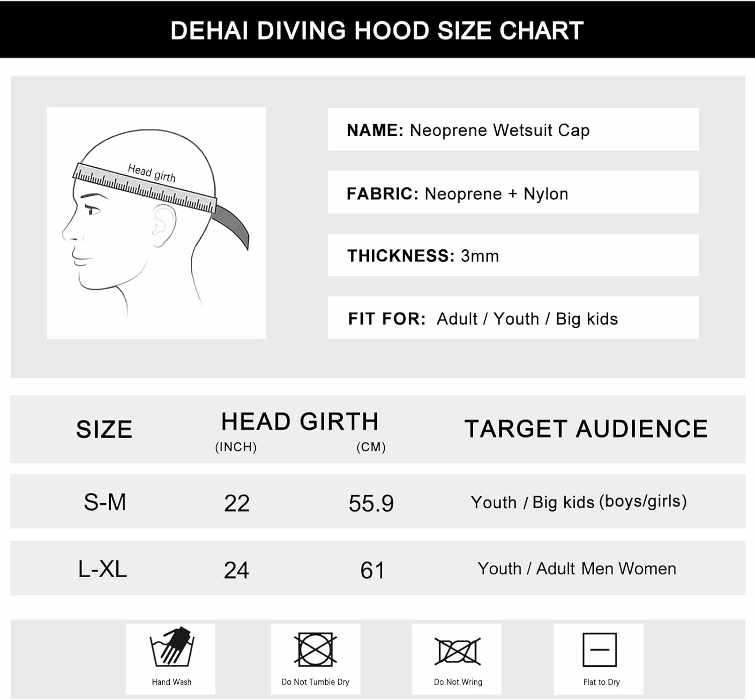 DEHAI Neoprene Diving Hood Wetsuit Swimming Caps for Womens Mens Youth, 2mm 3mm Thermal Water Beanie Hat Keep Long Hair Dry for Curly Locs Braids