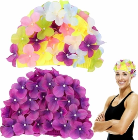 Didiseaon Flower Swim Cap 2Pcs Handmade Women Floral Petal Swim Hats Vintage Bathing Caps Three-Dimensional Petals Vacation Accessories for Girls and Short Hair
