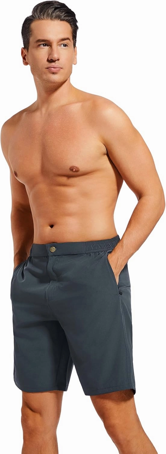 difficort Mens Swim Trunks with Compression Liner 9" Zipper Fly Bathing Suits Quick Dry Swimming Shorts with Zipper Pockets