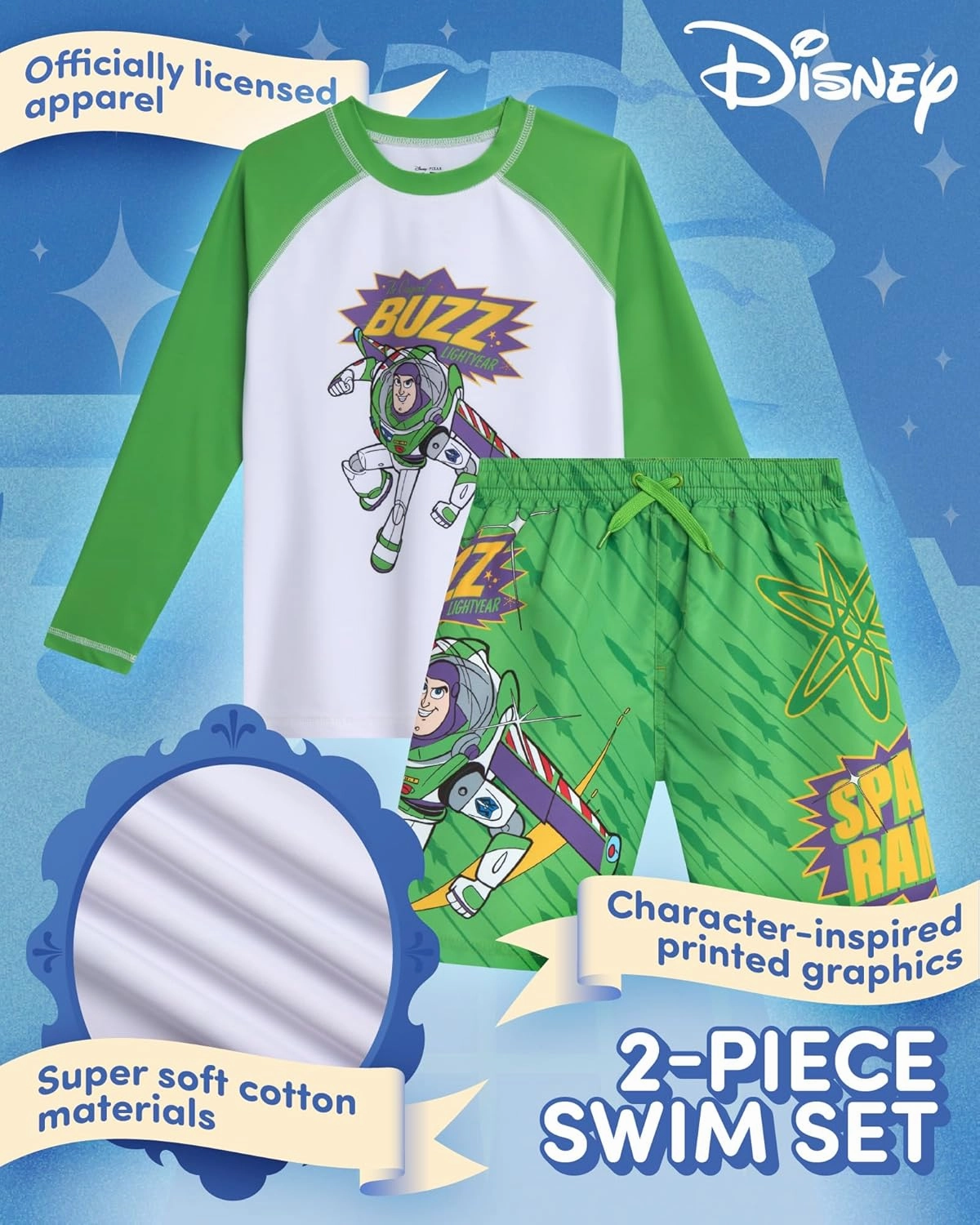 Disney Boys Rash Guard Set - 2 Piece Mickey Mouse, Cars Lighting McQueen, and Buzz Lightyear UP50  Swim Set for Boys (2T-7)