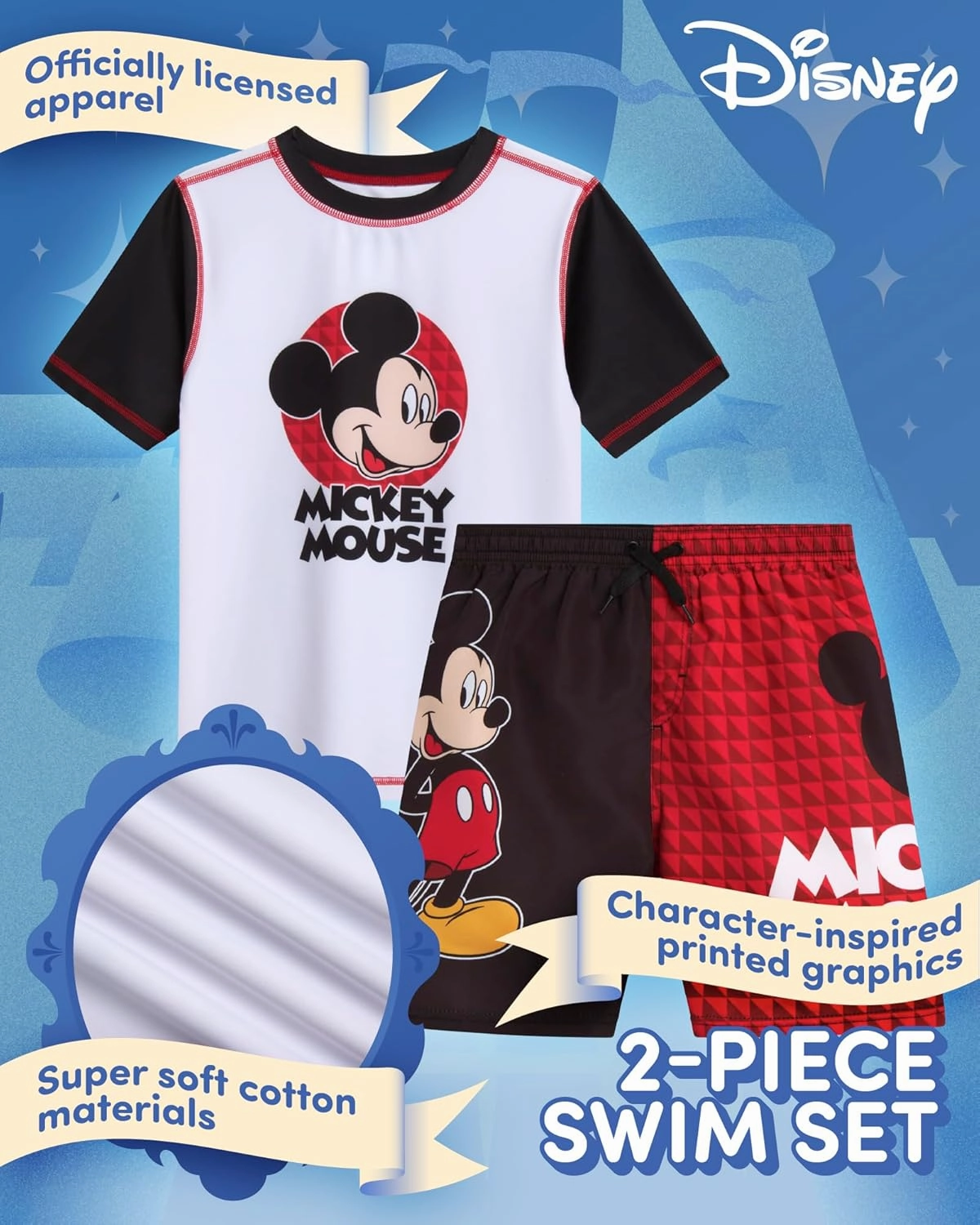 Disney Boys Rash Guard Set - 2 Piece Mickey Mouse, Cars Lighting McQueen, and Buzz Lightyear UP50  Swim Set for Boys (2T-7)