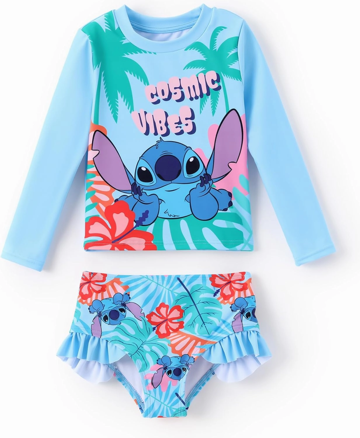 Disney Mickey and Friends Girl Two Piece Long Sleeve Swimsuit Rashguard Bathing Suit