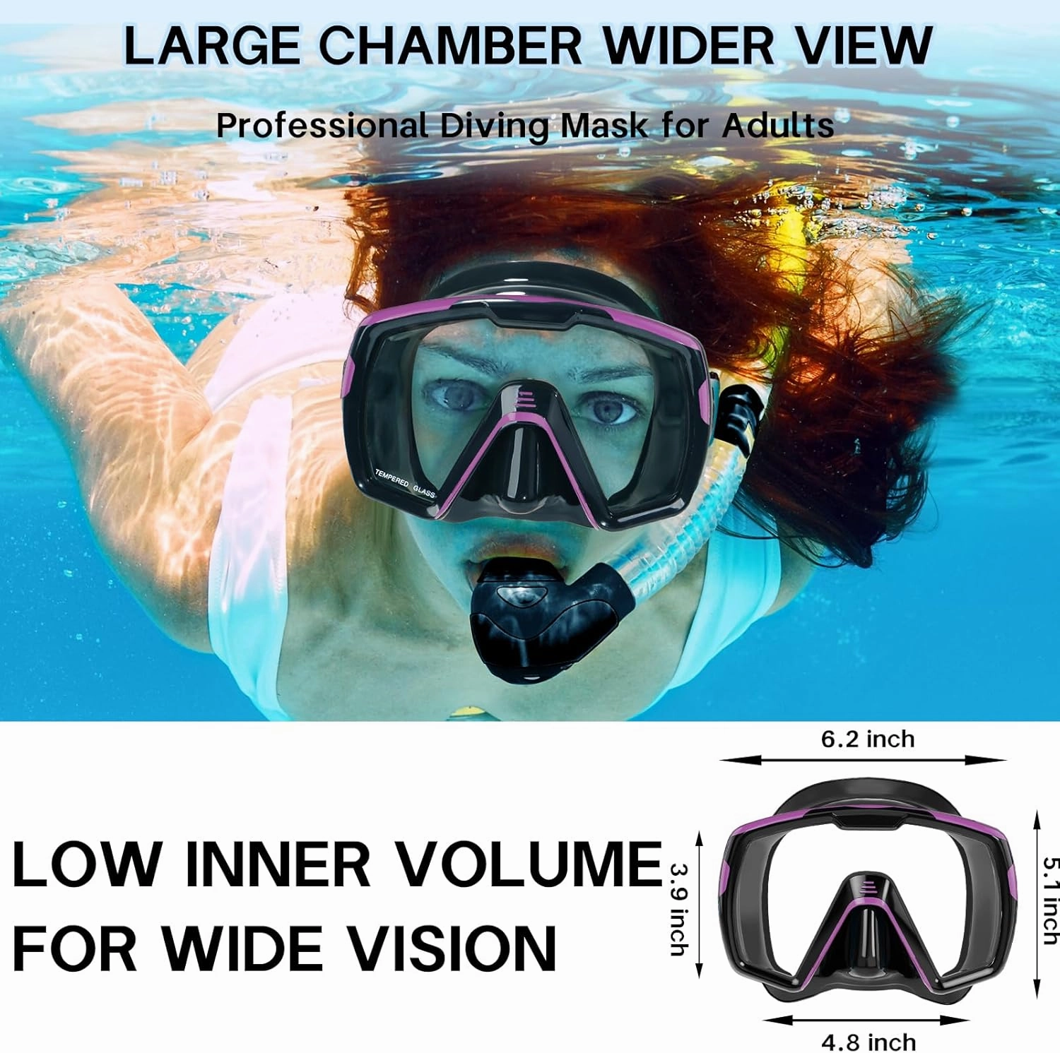 Diving Mask Snorkel Swim Goggles Adult Men Women, Clear Tempered Glass Anti-Fog Swimming Mask Free Diving Scuba Gear
