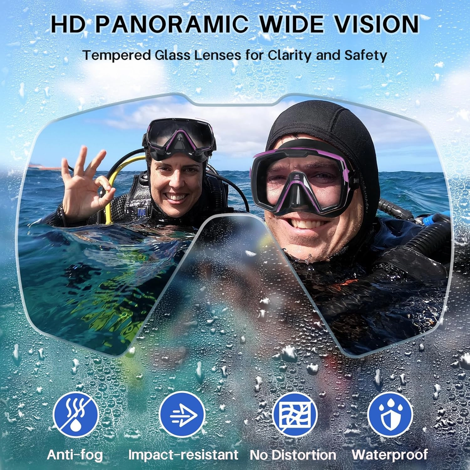 Diving Mask Snorkel Swim Goggles Adult Men Women, Clear Tempered Glass Anti-Fog Swimming Mask Free Diving Scuba Gear