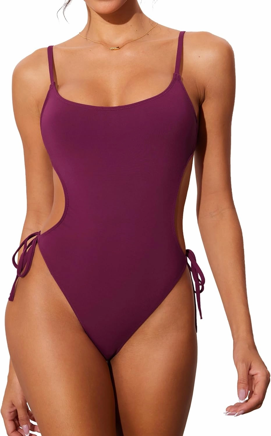 DOBREVA Women's One Piece Swimsuit Strappy Backless Bathing Suit Cut Out Lined Scoop Neck Adjustable Straps Swimwear