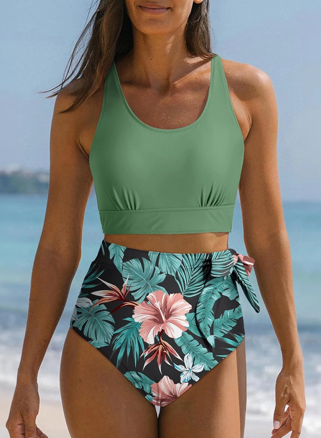 Dokotoo Womens 2 Piece Swimsuit Scoop Neck Sleeveless 2025 Racerback Top Tummy Control Tie Knot Bathing Suits Floral Bottoms