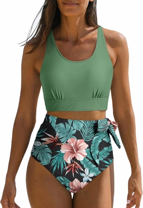 Dokotoo Womens 2 Piece Swimsuit Scoop Neck Sleeveless 2025 Racerback Top Tummy Control Tie Knot Bathing Suits Floral Bottoms