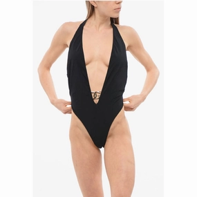 Dolce & Gabbana Plunging V-Neck One Piece Swimsuit with Logoed Women's Buckle