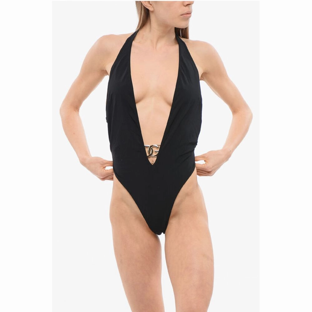 Dolce & Gabbana Plunging V-Neck One Piece Swimsuit with Logoed Women's Buckle