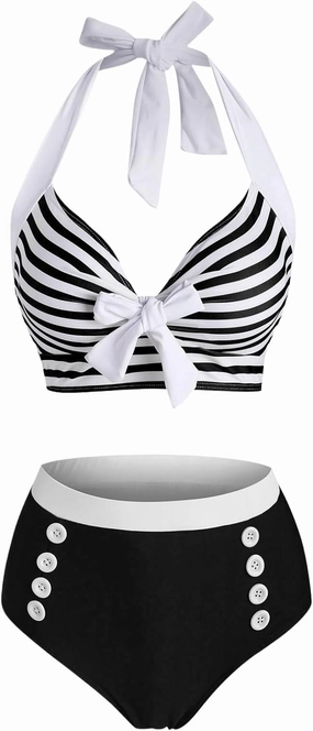 DRESSFO Women's Bikini Set American Flag Halter Two Piece High Waisted Swimsuit Stripe Vintage Tummy Control Bathing Suit