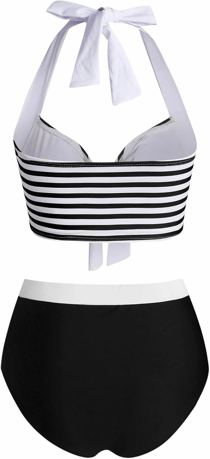 DRESSFO Women's Bikini Set American Flag Halter Two Piece High Waisted Swimsuit Stripe Vintage Tummy Control Bathing Suit