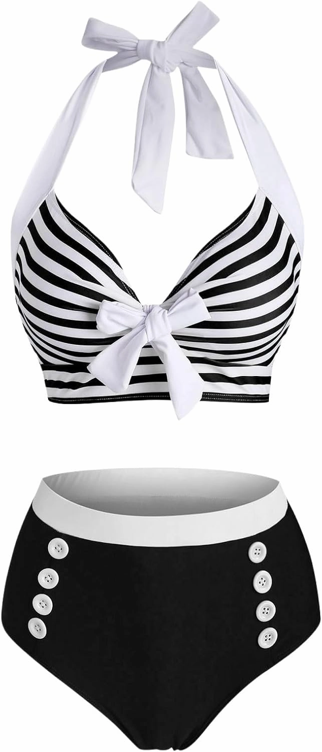 DRESSFO Women's Bikini Set American Flag Halter Two Piece High Waisted Swimsuit Stripe Vintage Tummy Control Bathing Suit