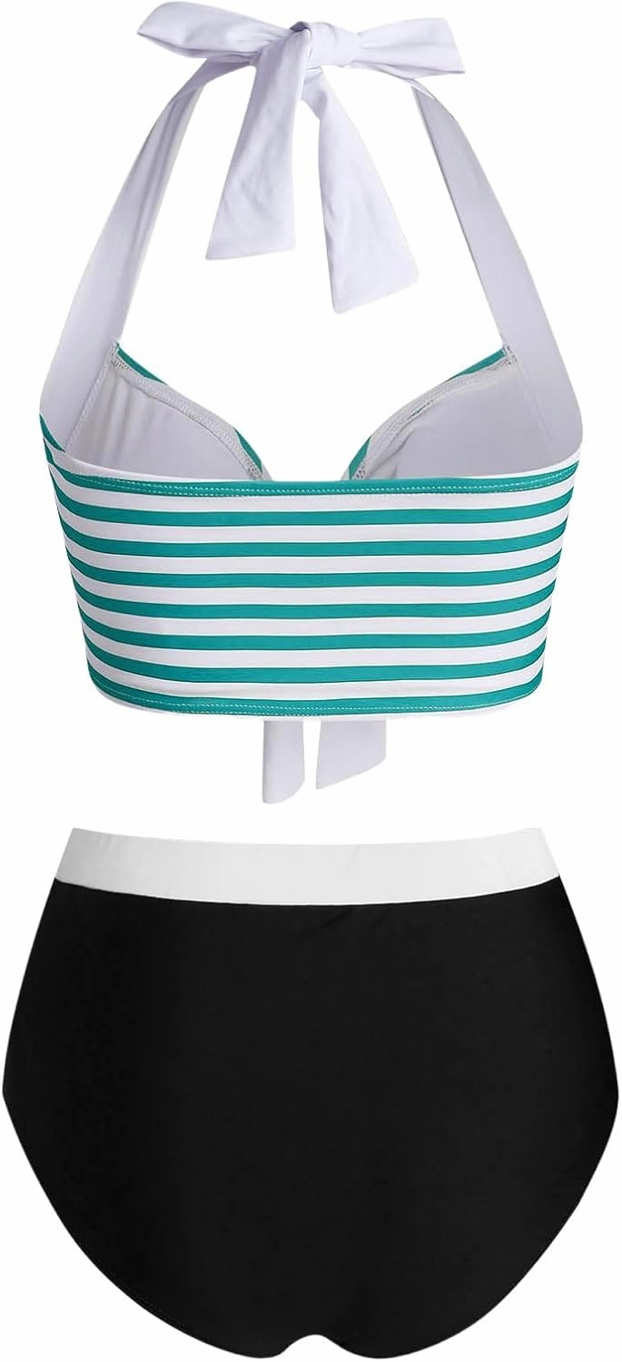 DRESSFO Women's Bikini Set American Flag Halter Two Piece High Waisted Swimsuit Stripe Vintage Tummy Control Bathing Suit