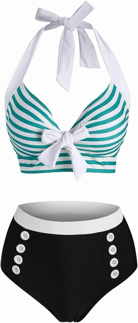 DRESSFO Women's Bikini Set American Flag Halter Two Piece High Waisted Swimsuit Stripe Vintage Tummy Control Bathing Suit