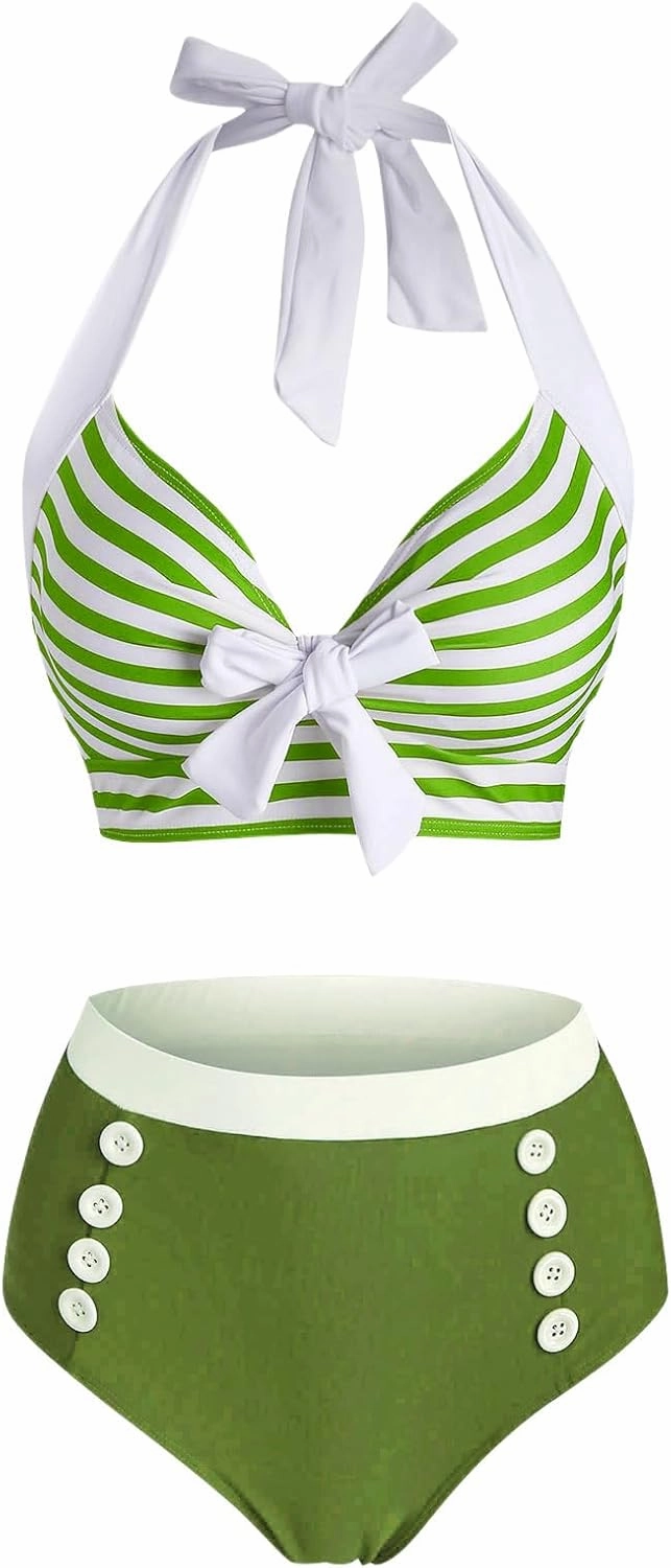 DRESSFO Women's Bikini Set American Flag Halter Two Piece High Waisted Swimsuit Stripe Vintage Tummy Control Bathing Suit