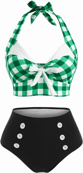 DRESSFO Women's Bikini Set Halter Two Piece High Waisted Swimsuit Plaid Retro Tummy Control Tankini Bathing Suit
