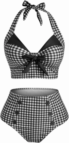 DRESSFO Women's Bikini Set Halter Two Piece High Waisted Swimsuit Plaid Retro Tummy Control Tankini Bathing Suit