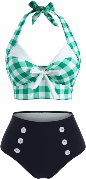 DRESSFO Women's Bikini Set Halter Two Piece High Waisted Swimsuit Plaid Retro Tummy Control Tankini Bathing Suit