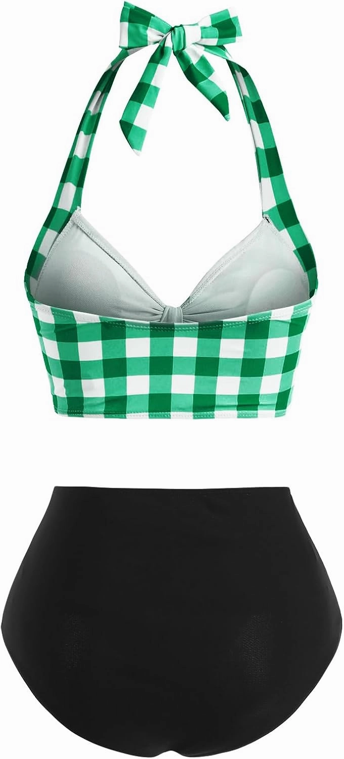 DRESSFO Women's Bikini Set Halter Two Piece High Waisted Swimsuit Plaid Retro Tummy Control Tankini Bathing Suit
