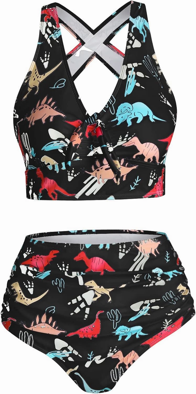 DRESSFO Women's High Waisted Bikini Sets Two Piece Padded Retro Vintage Tummy Control Swimsuit Gothic Bathing Suit