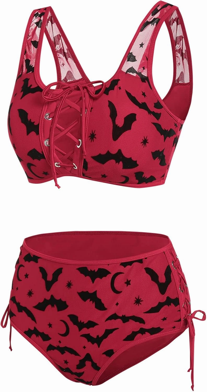 DRESSFO Women's High Waisted Bikini Sets Two Piece Padded Retro Vintage Tummy Control Swimsuit Gothic Bathing Suit