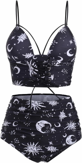 DRESSFO Women's High Waisted Bikini Sets Two Piece Padded Retro Vintage Tummy Control Swimsuit Gothic Bathing Suit